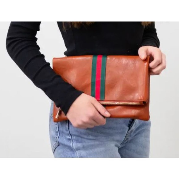 funky monkey Handbags - Preppy Stripe Foldover Clutch - Green & Red Stripe